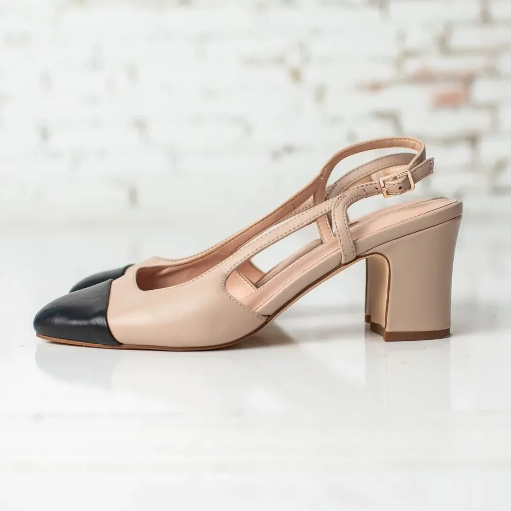 Talbots Women's 7.5 Leather Slingback Pumps Nude Beige Black Cap Toe Heels